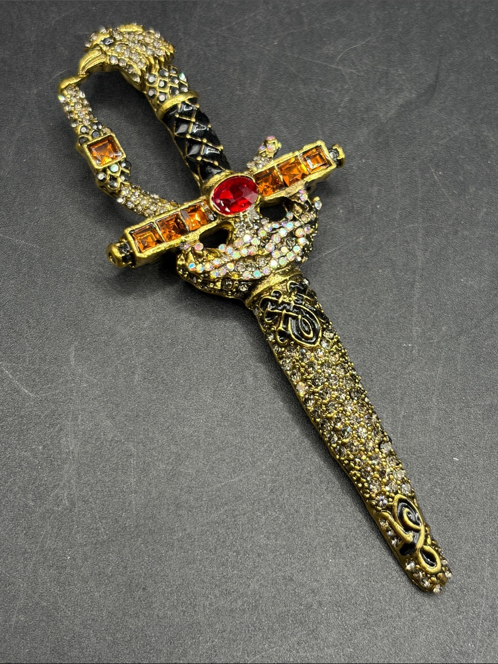 Bejeweled Crystal Rhinestone Colorful Gold Tn Metal Sword Pendant Brooch Jewelry